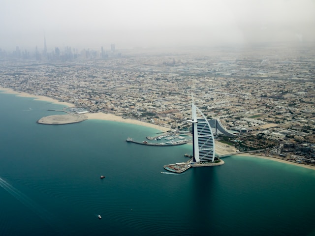 aerial view above of the coastline of Dubai
