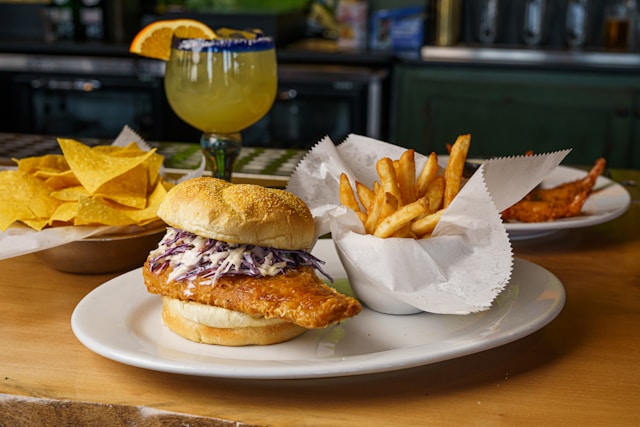 fish sandwich, fries, and drink
