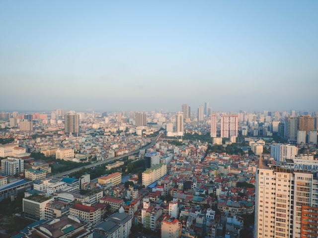 a view from above of the buildings of Hanoi, Vietnam