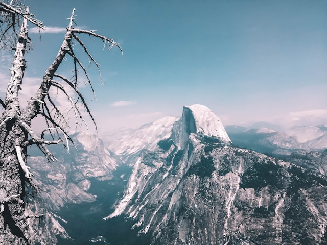 a view of El Capitan mountain in Yosemite National Park on a clear day