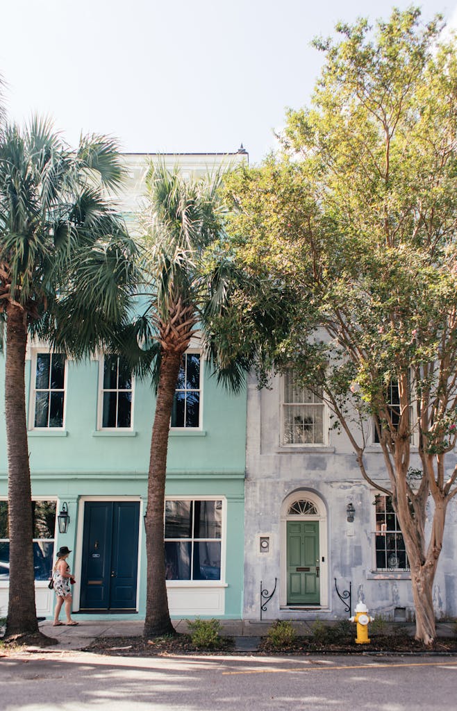 Vibrant pastel buildings flanked by palm trees on a sunny day, capturing coastal charm.